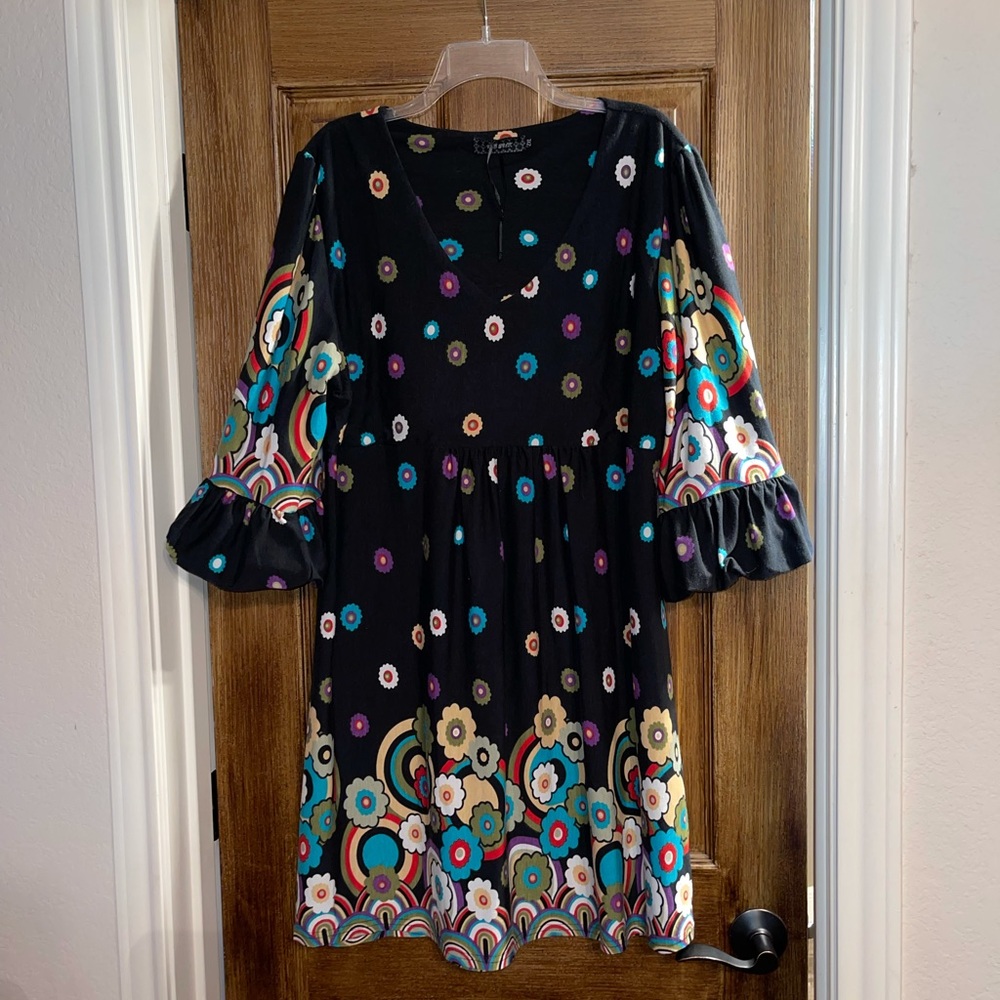 Black Floral Print Mini Dress with Bell Sleeves